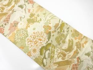 アンティーク　巻物に鶴・草花模様織り出し丸帯（材料）